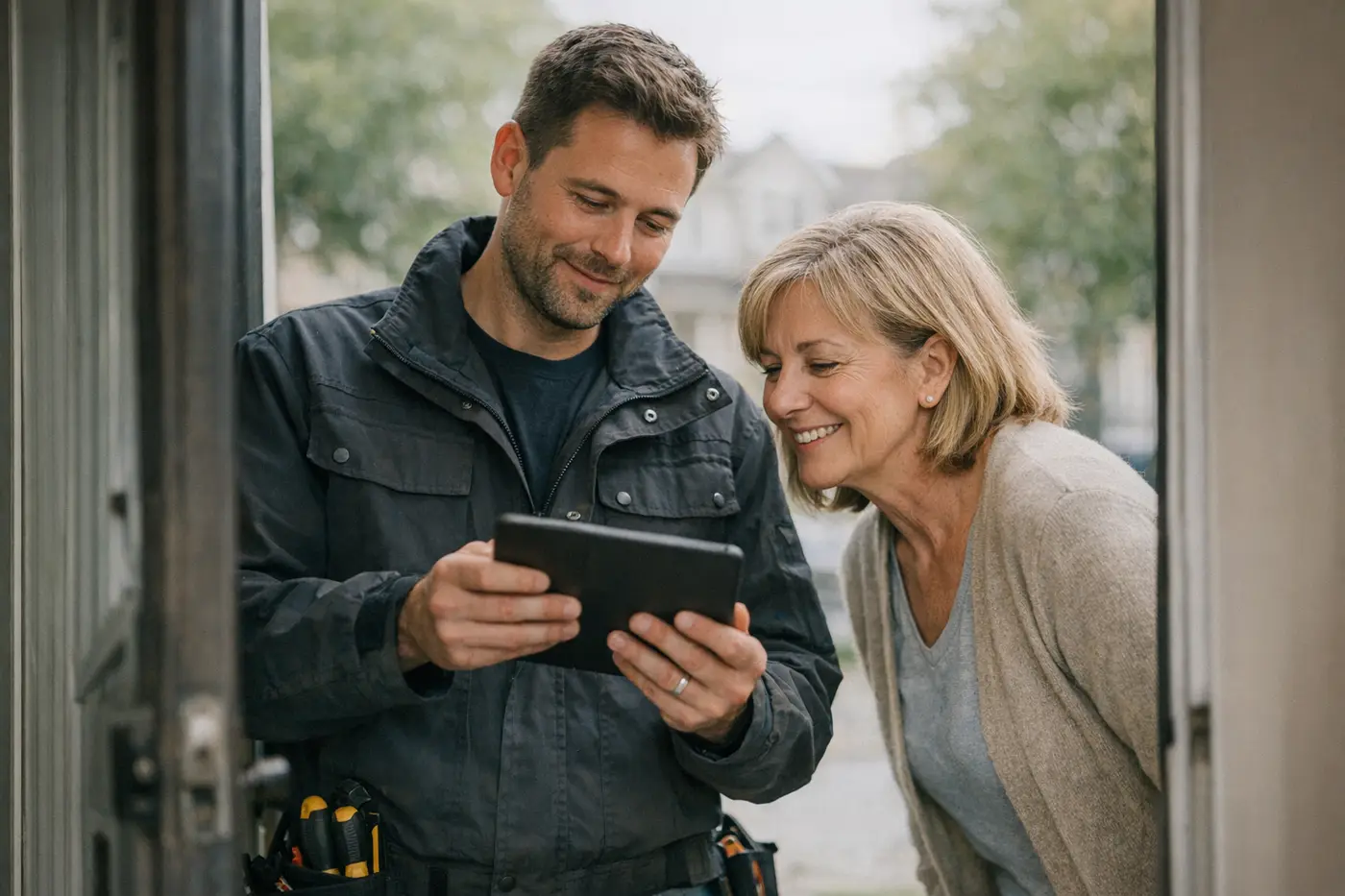 Elektriker zeigt einer Kundin das Tablet an der Haustür